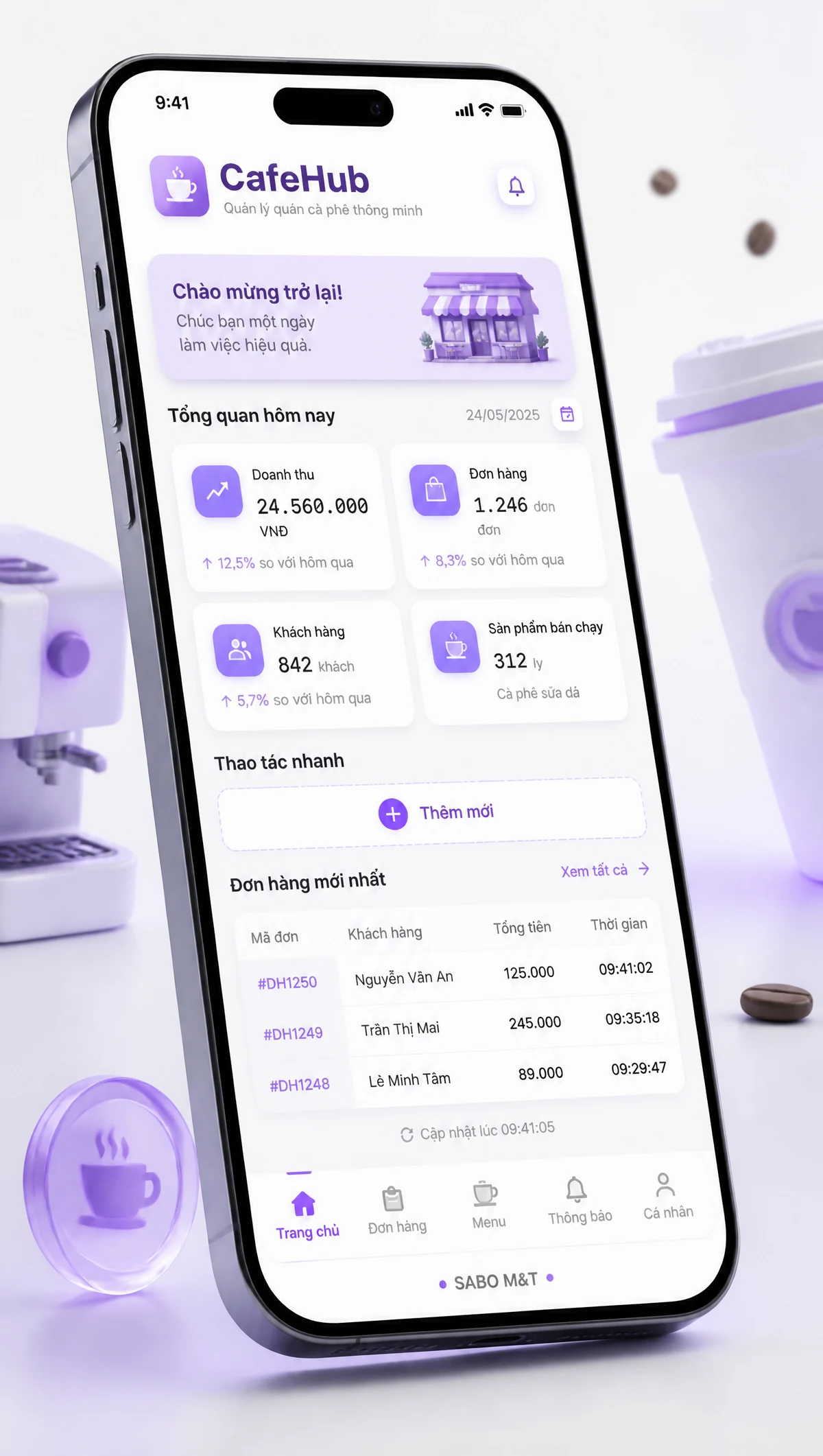 Giao diện mobile quán cà phê — màn 1