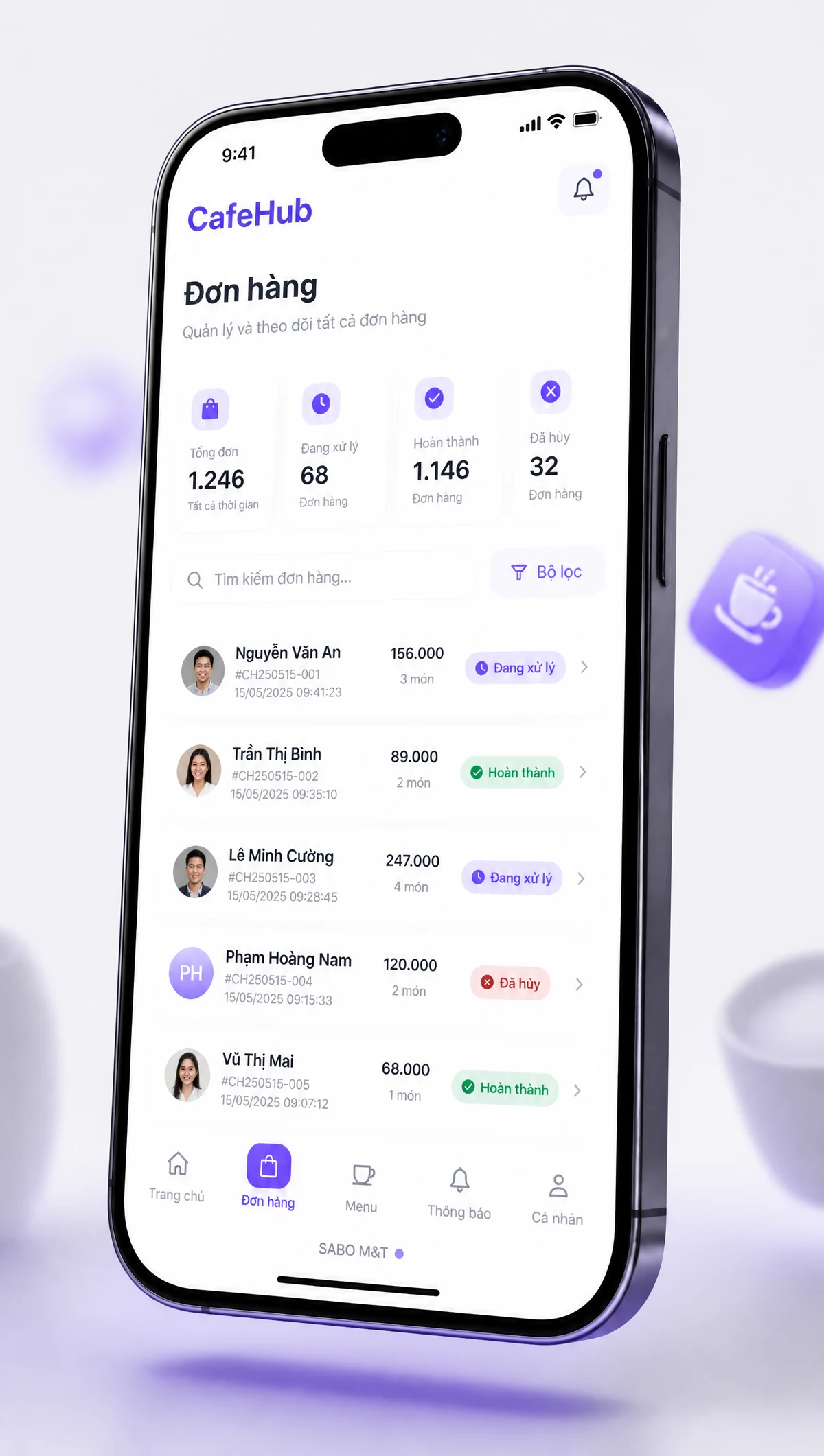 Giao diện mobile quán cà phê — màn 2