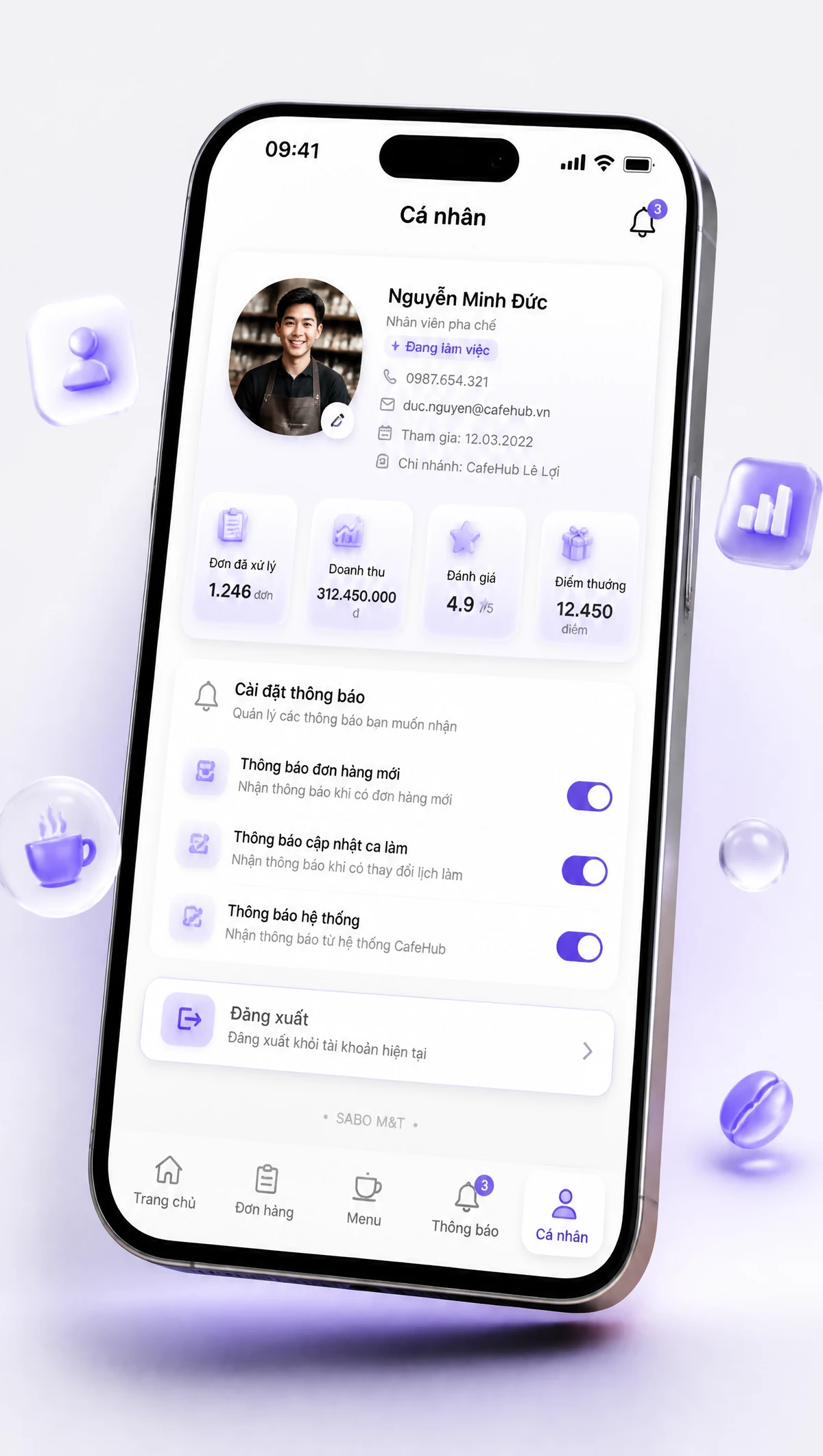 Giao diện mobile quán cà phê — màn 5