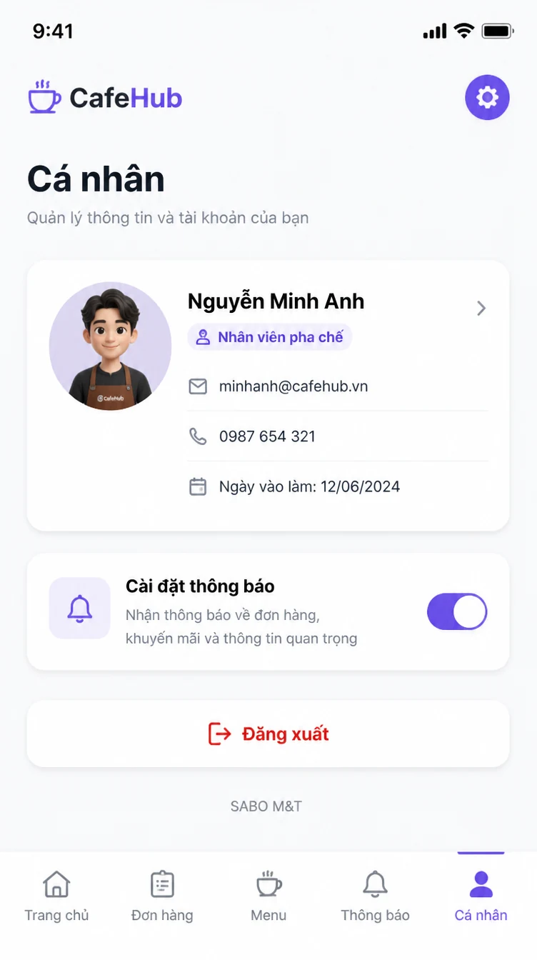 Giao diện mobile quán cà phê — màn 10