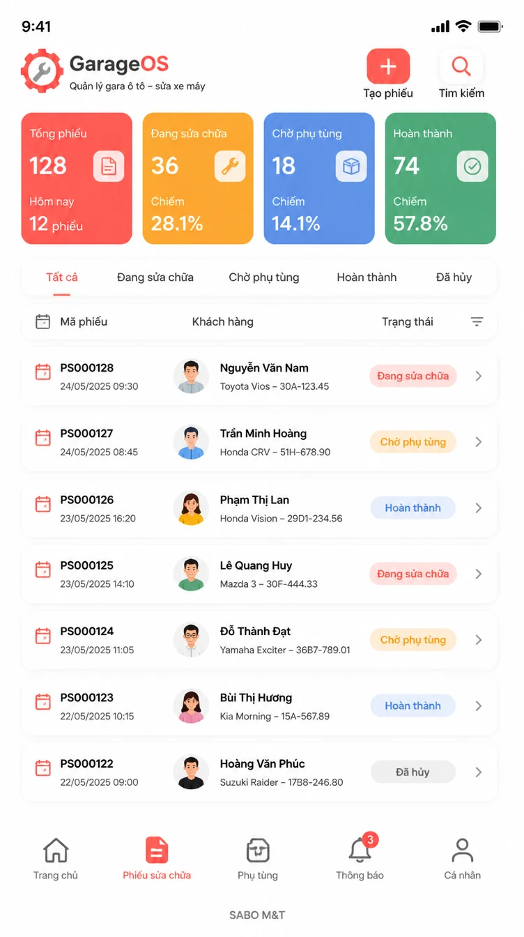Giao diện mobile gara ô tô – sửa xe máy — màn 7