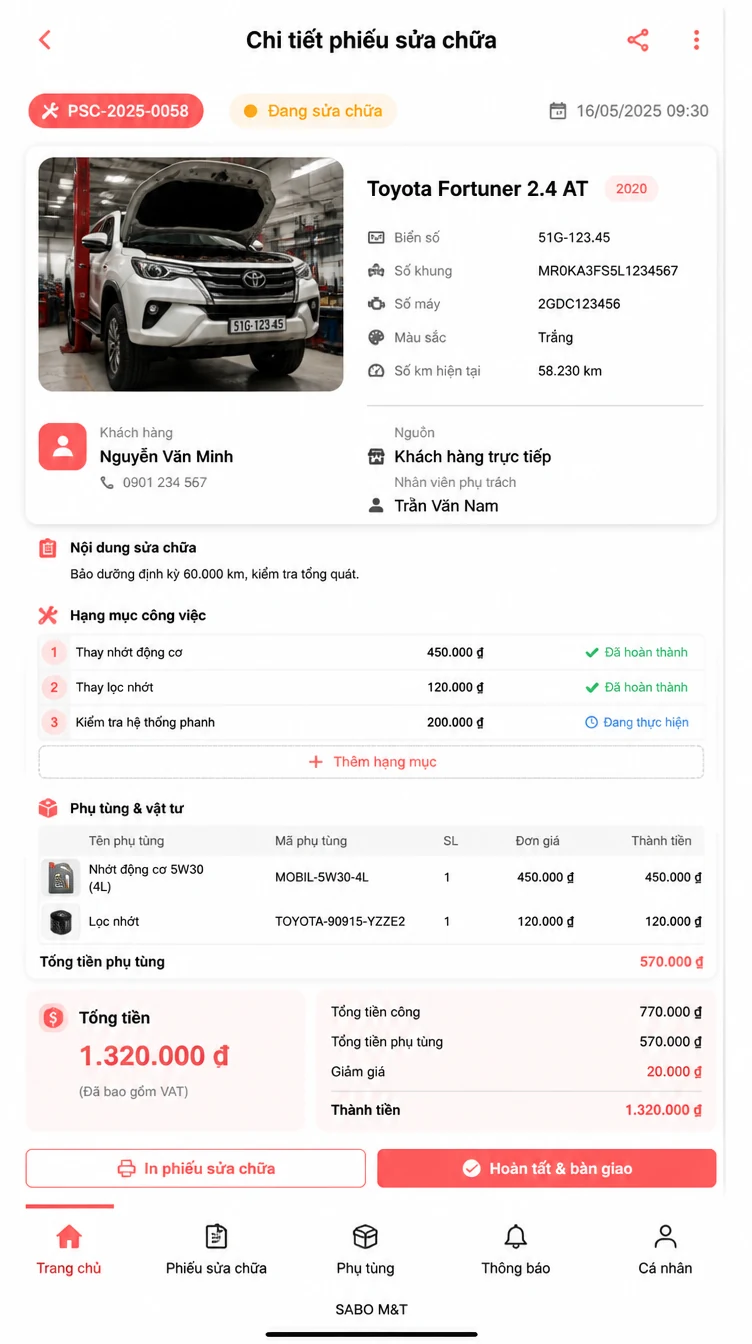 Giao diện mobile gara ô tô – sửa xe máy — màn 8