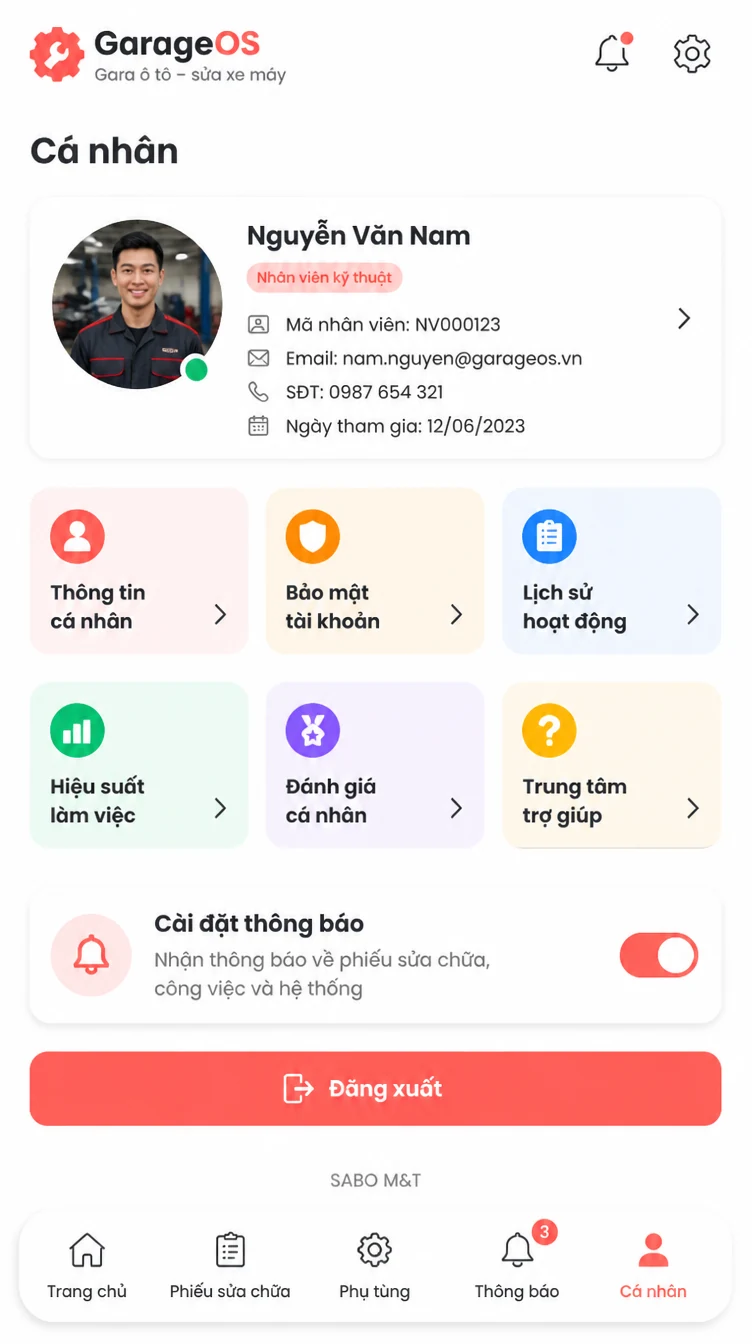 Giao diện mobile gara ô tô – sửa xe máy — màn 10