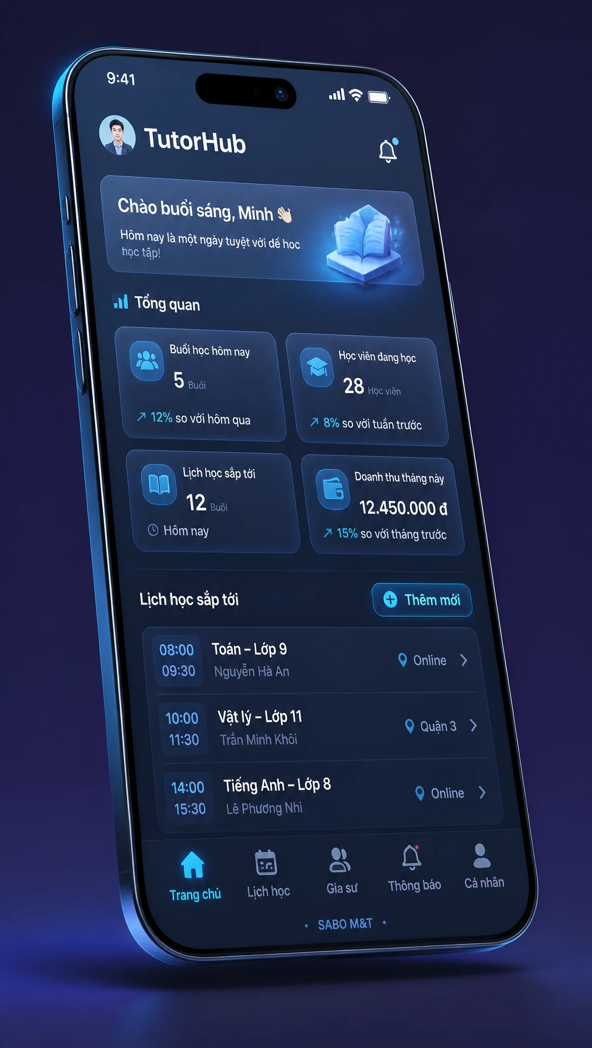 Giao diện mobile trung tâm gia sư — màn 1
