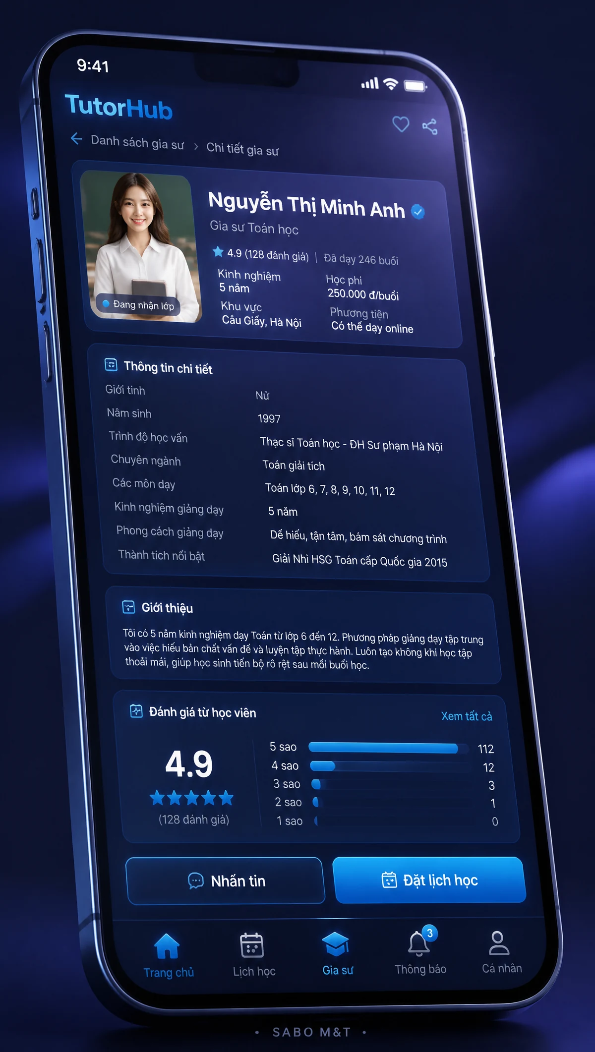 Giao diện mobile trung tâm gia sư — màn 3
