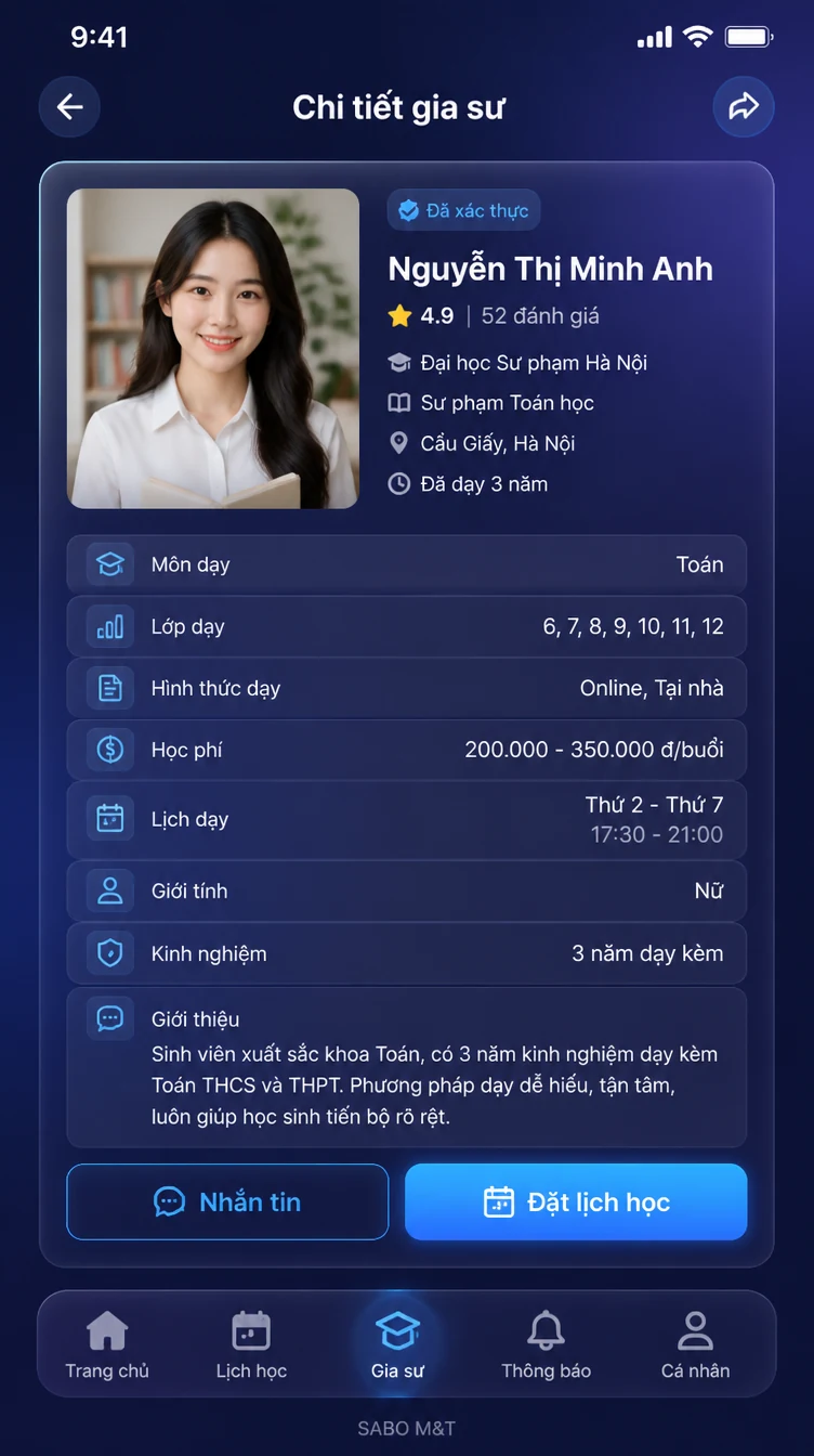 Giao diện mobile trung tâm gia sư — màn 8