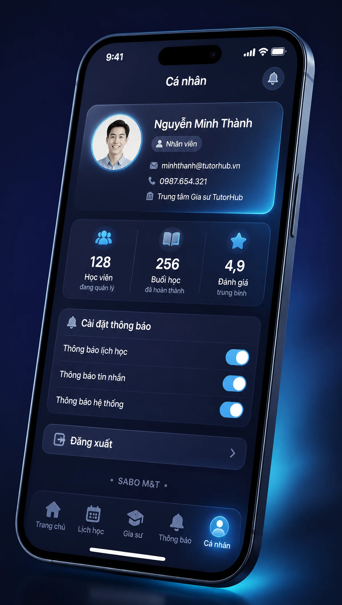 Giao diện mobile trung tâm gia sư — màn 5