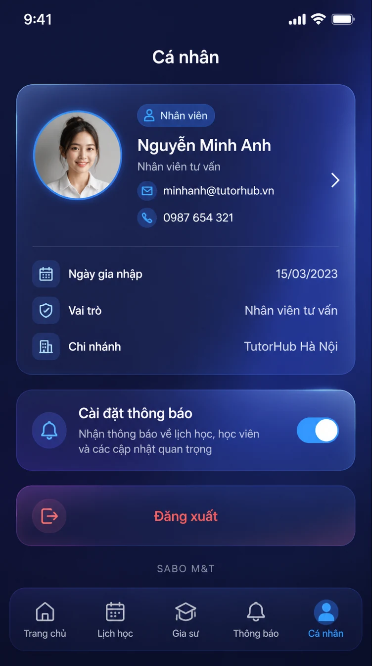Giao diện mobile trung tâm gia sư — màn 10