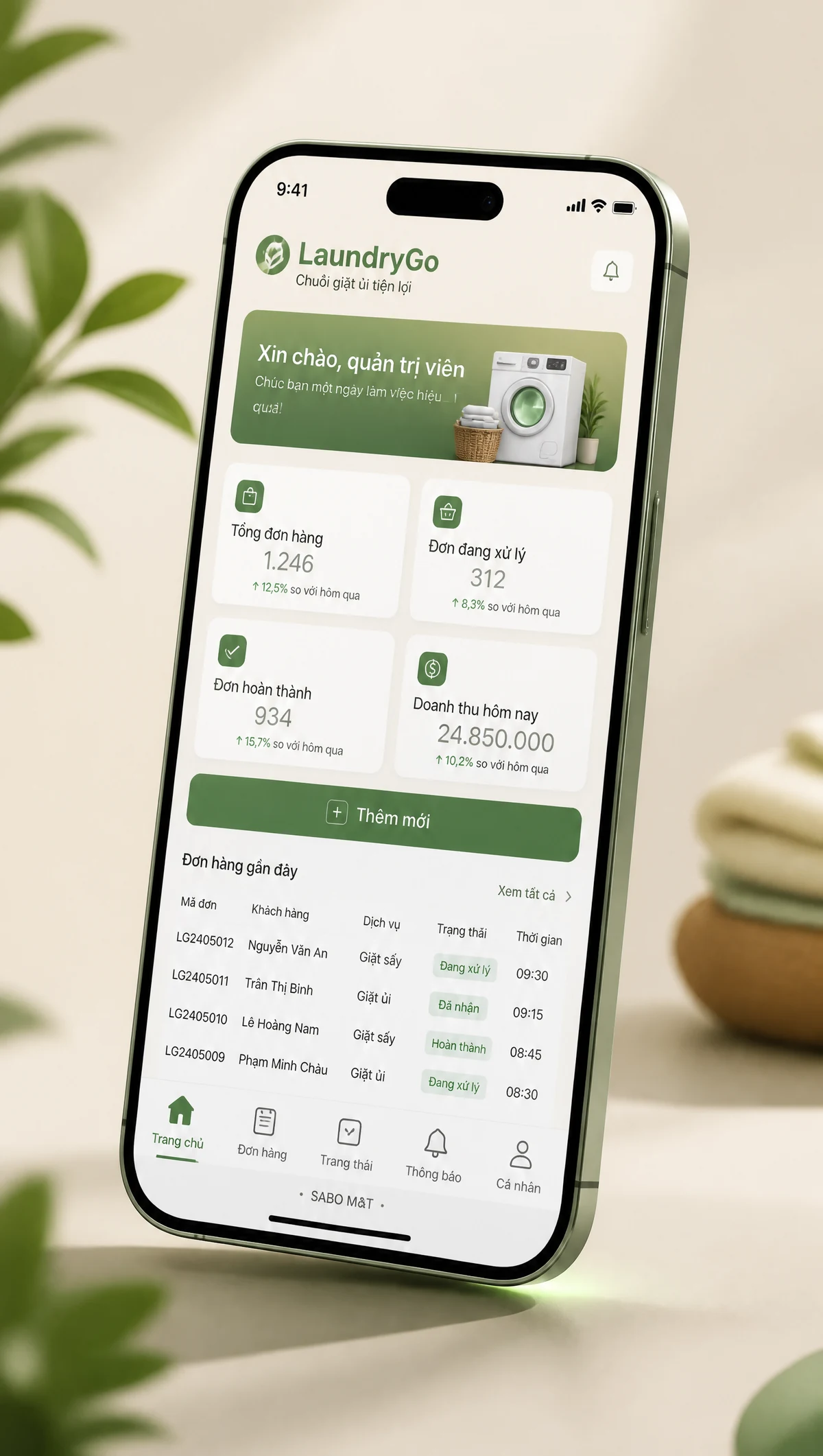 Giao diện mobile chuỗi giặt ủi — màn 1
