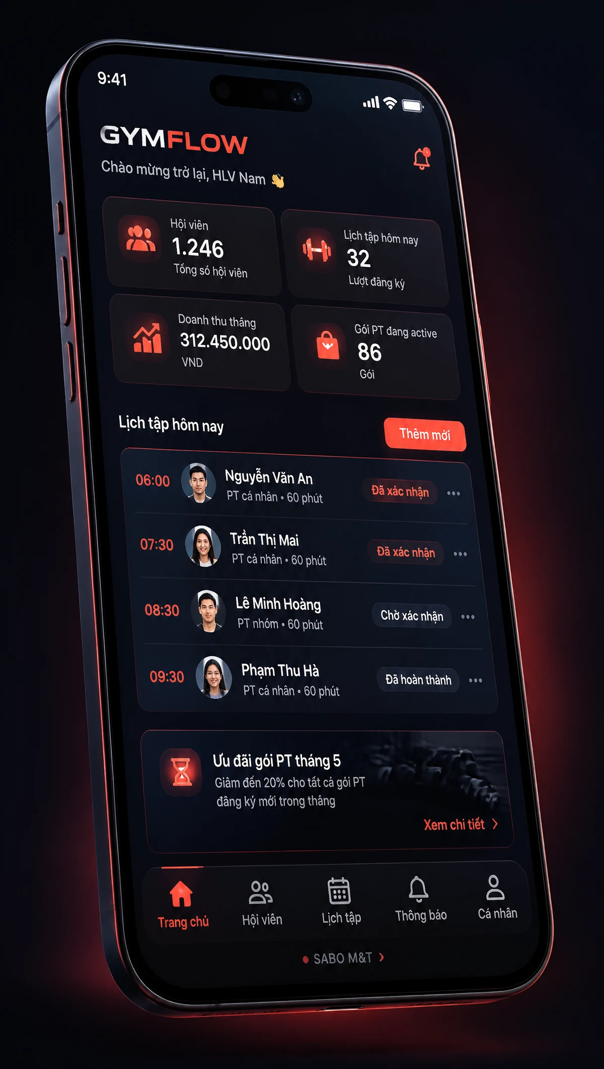Giao diện mobile phòng gym — màn 1