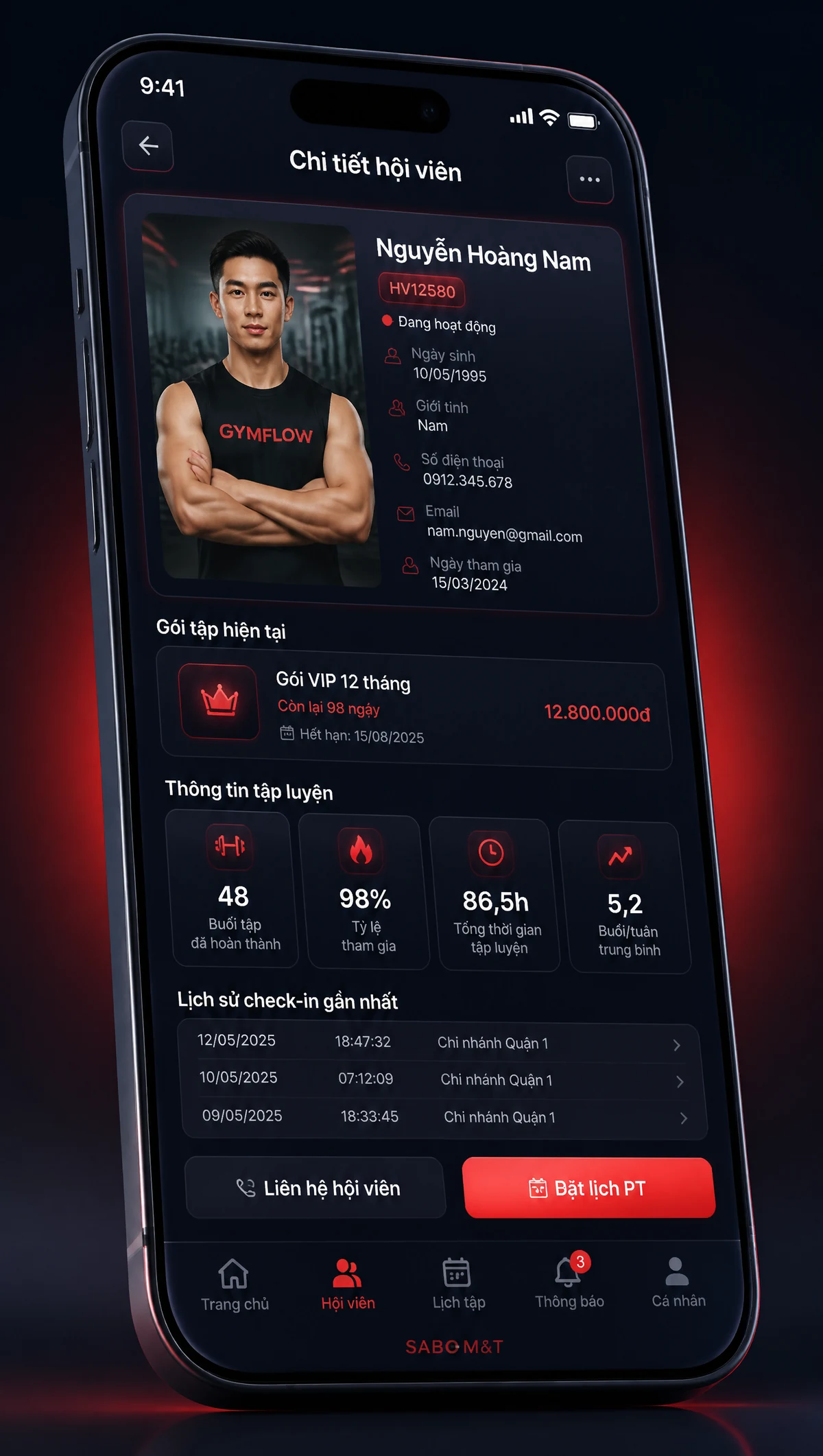 Giao diện mobile phòng gym — màn 3