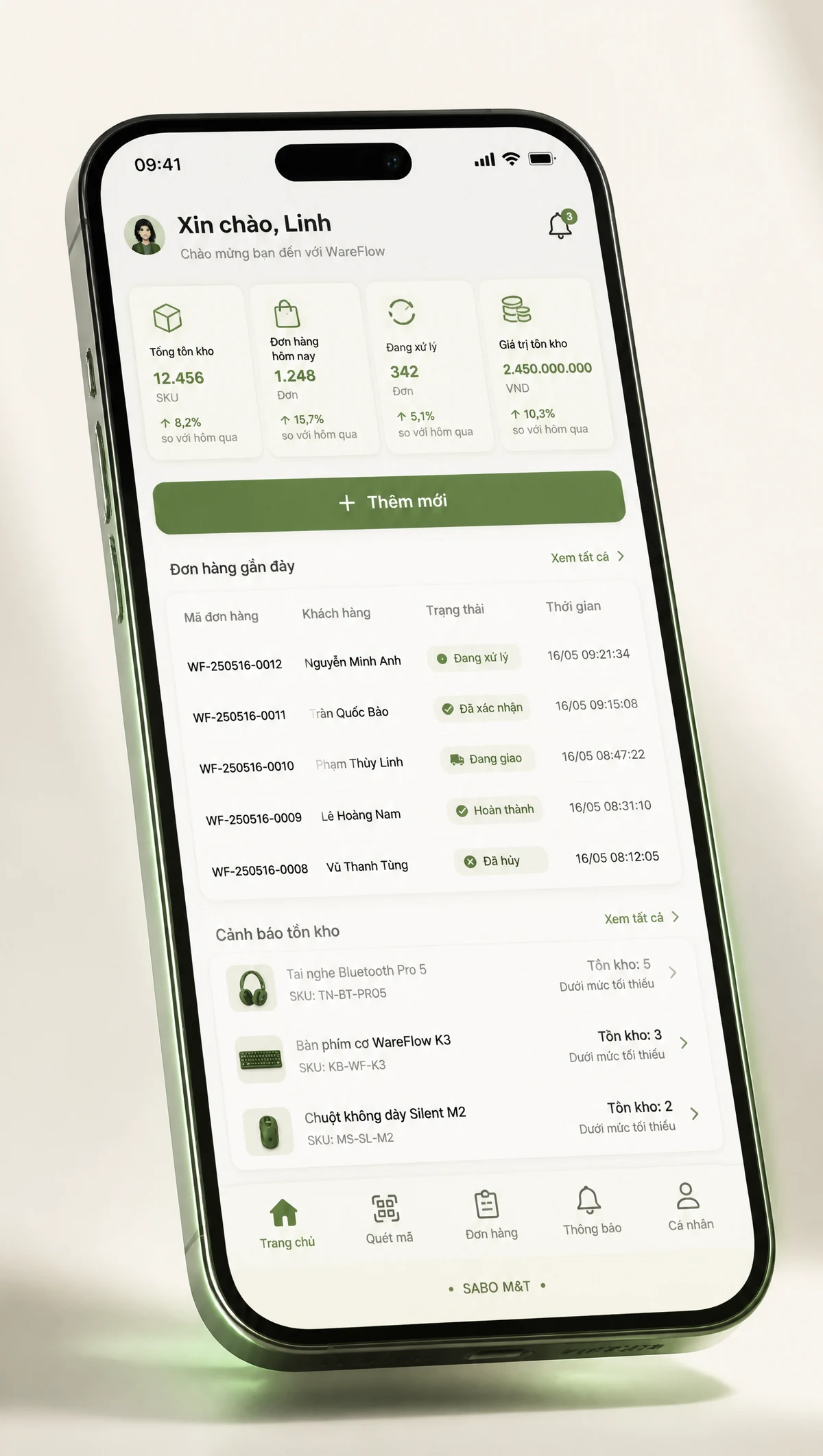 Giao diện mobile kho hàng thương mại điện tử — màn 1