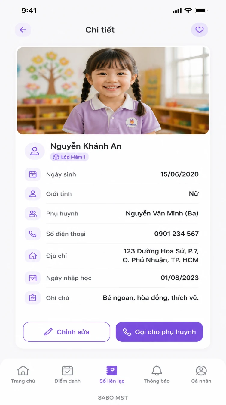 Giao diện mobile trường mầm non — màn 8