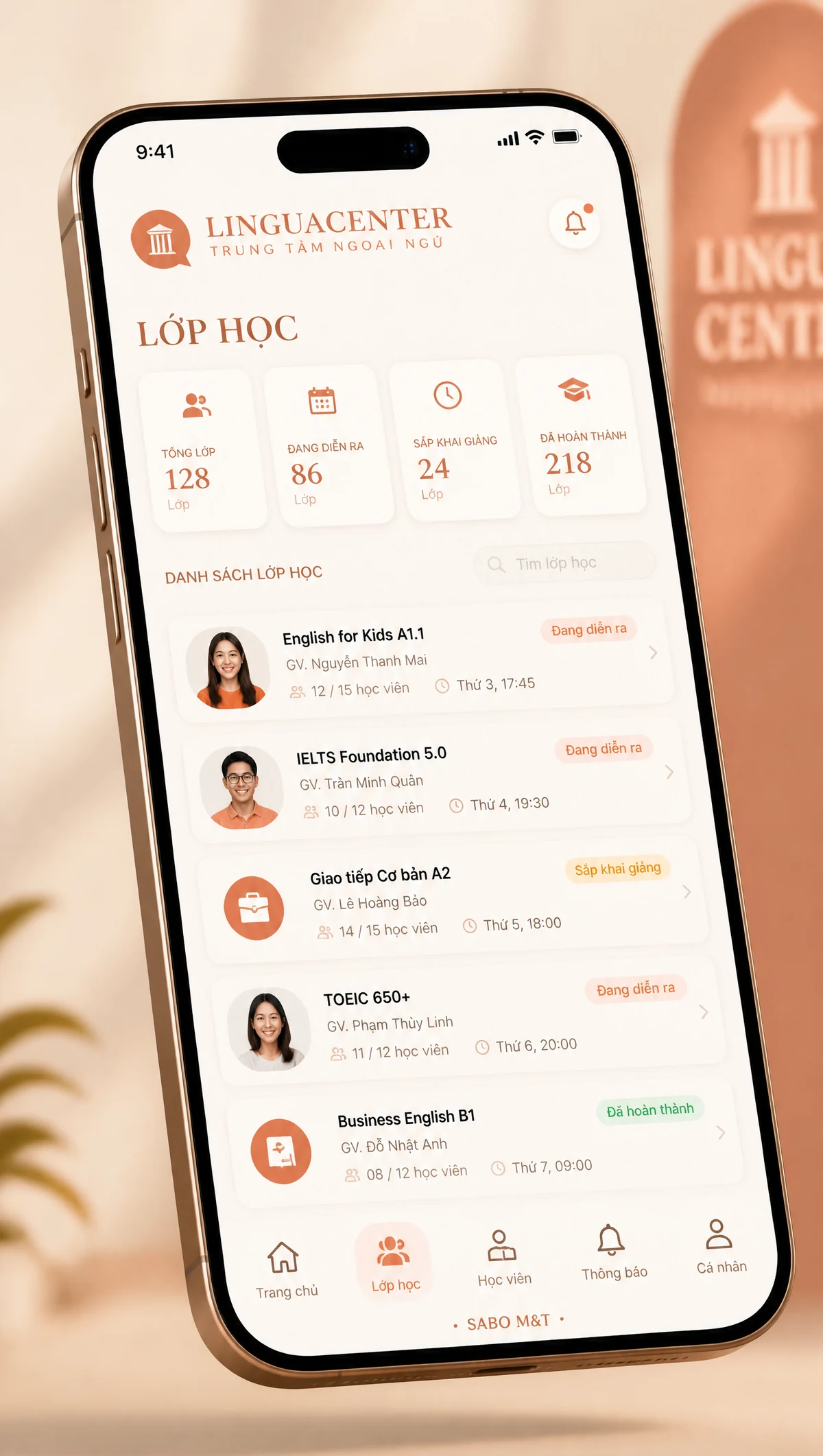 Giao diện mobile trung tâm ngoại ngữ — màn 2