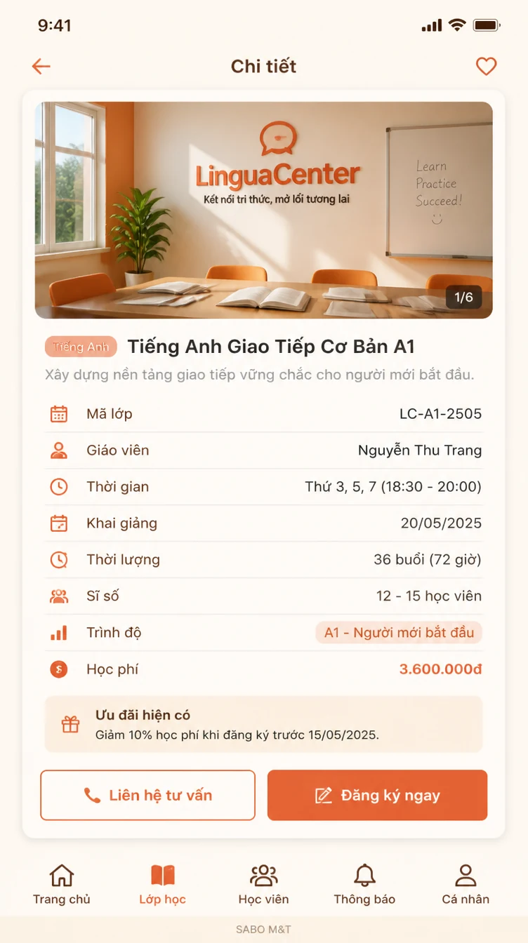 Giao diện mobile trung tâm ngoại ngữ — màn 8