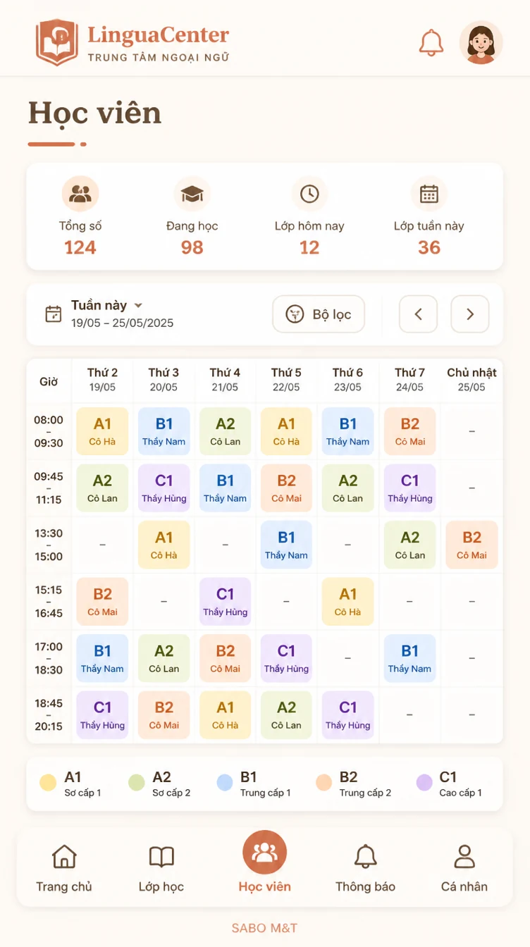 Giao diện mobile trung tâm ngoại ngữ — màn 9