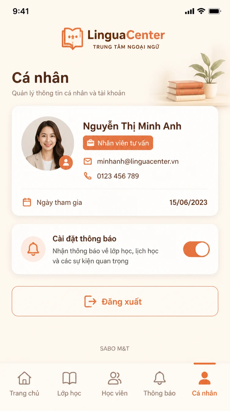Giao diện mobile trung tâm ngoại ngữ — màn 10