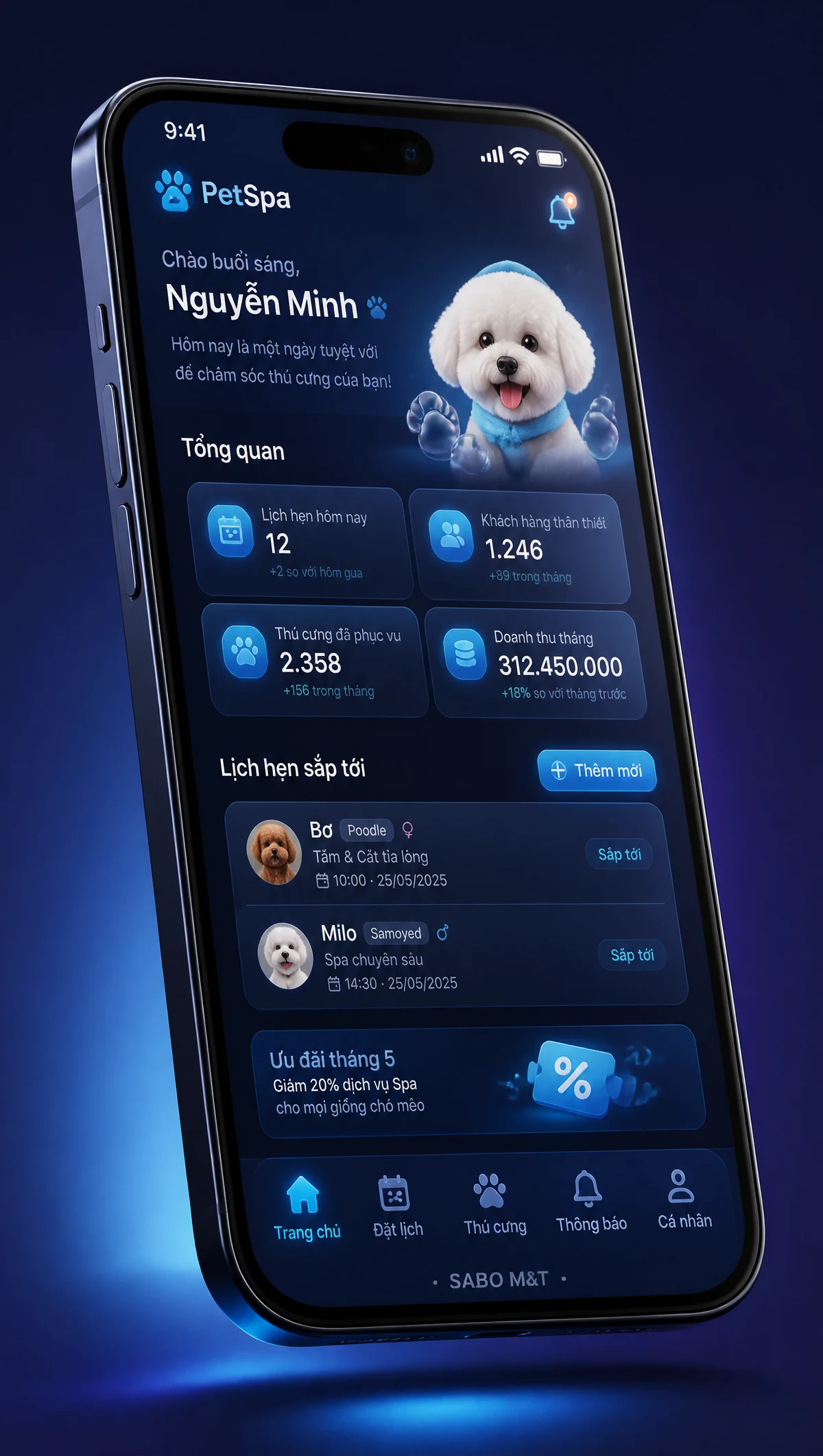 Giao diện mobile spa thú cưng — màn 1
