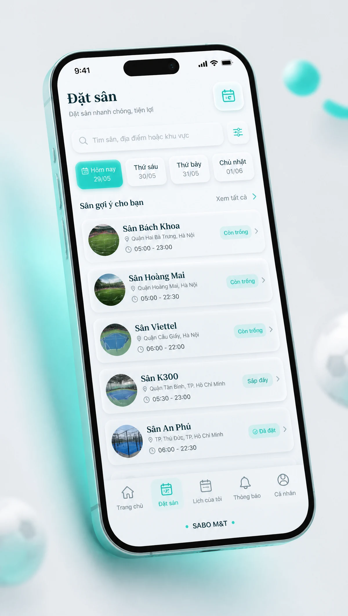Giao diện mobile sân thể thao cho thuê — màn 2