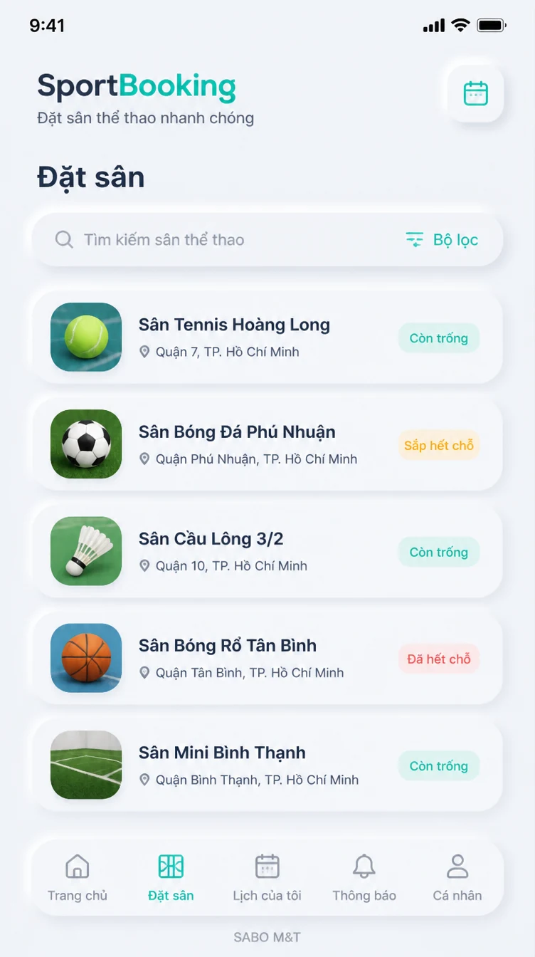 Giao diện mobile sân thể thao cho thuê — màn 7