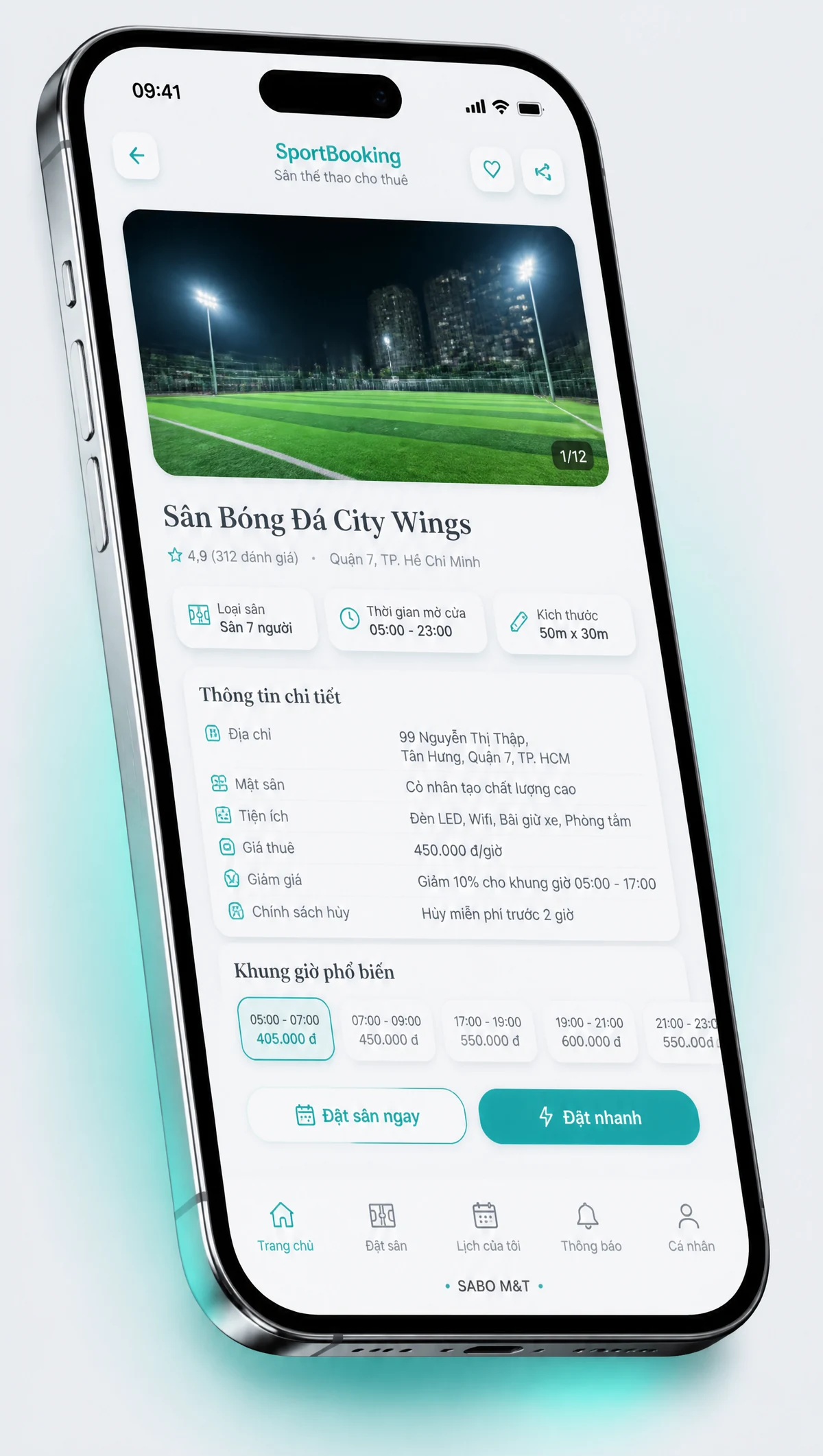 Giao diện mobile sân thể thao cho thuê — màn 3