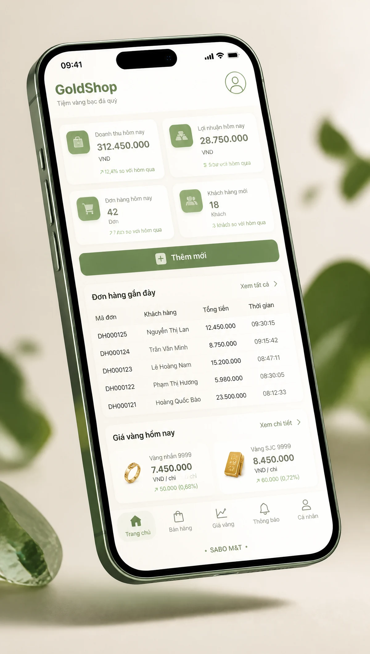 Giao diện mobile tiệm vàng bạc đá quý — màn 1