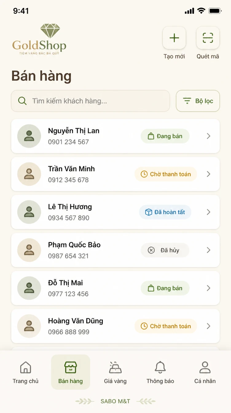 Giao diện mobile tiệm vàng bạc đá quý — màn 7