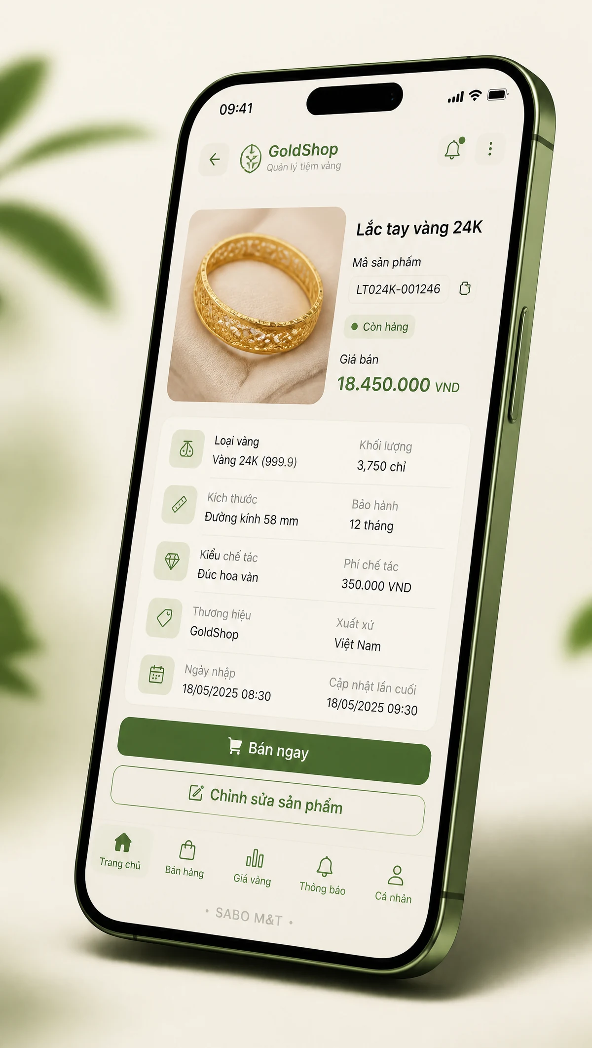 Giao diện mobile tiệm vàng bạc đá quý — màn 3