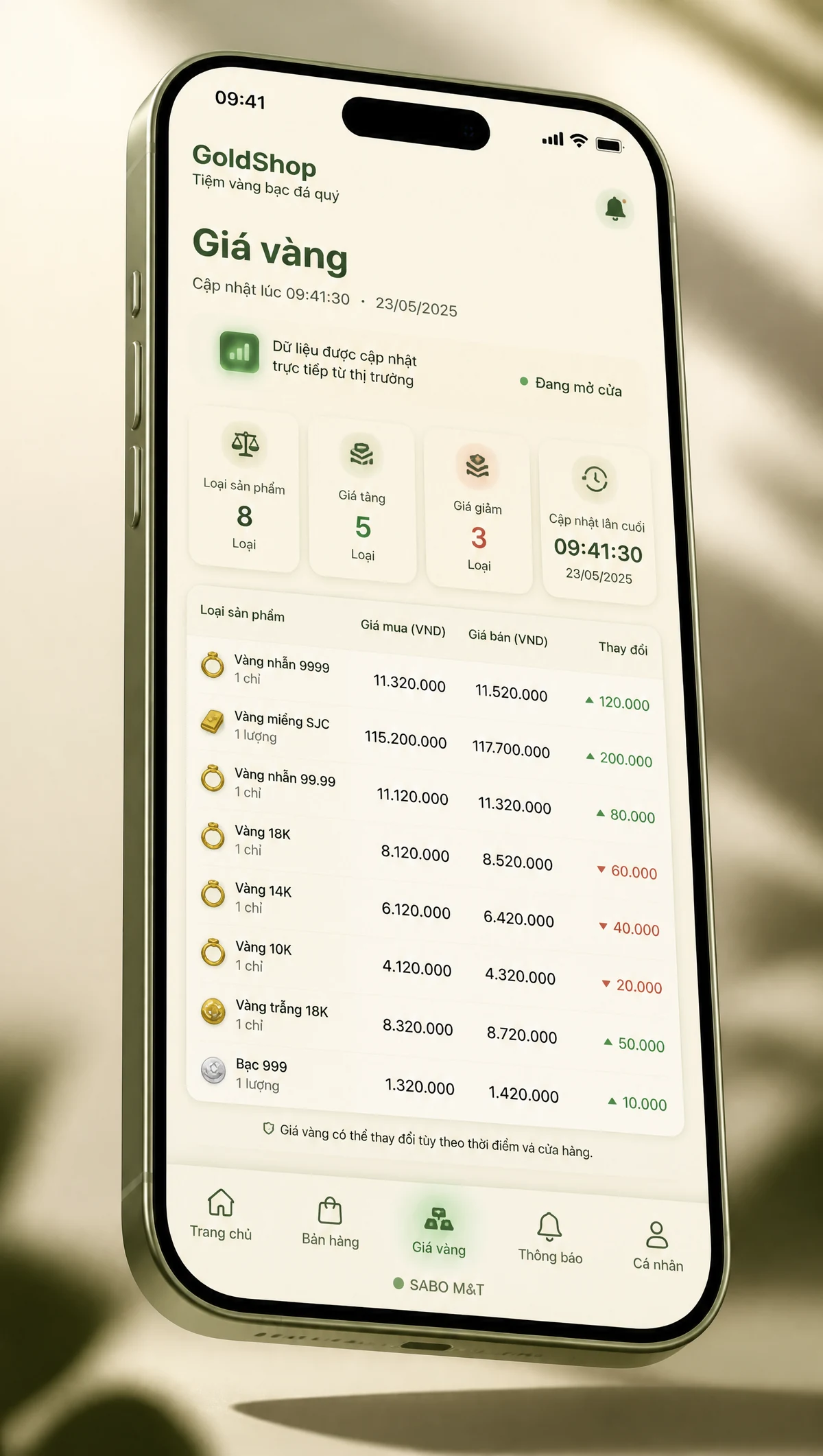 Giao diện mobile tiệm vàng bạc đá quý — màn 4