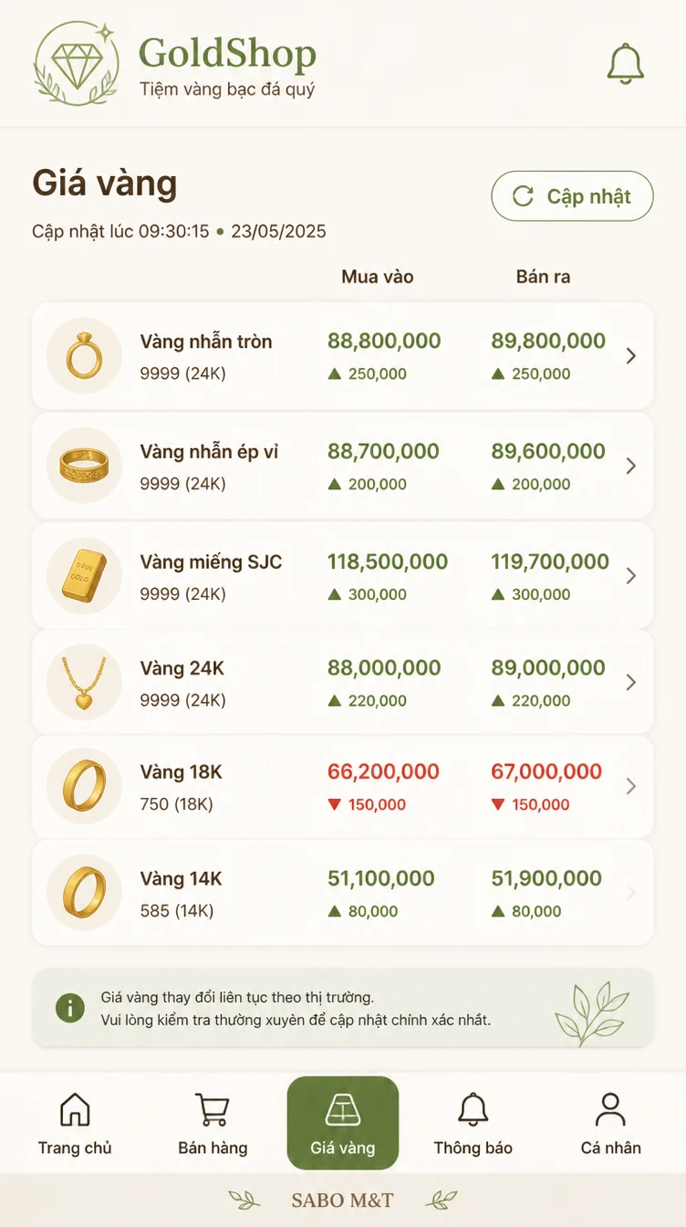 Giao diện mobile tiệm vàng bạc đá quý — màn 9