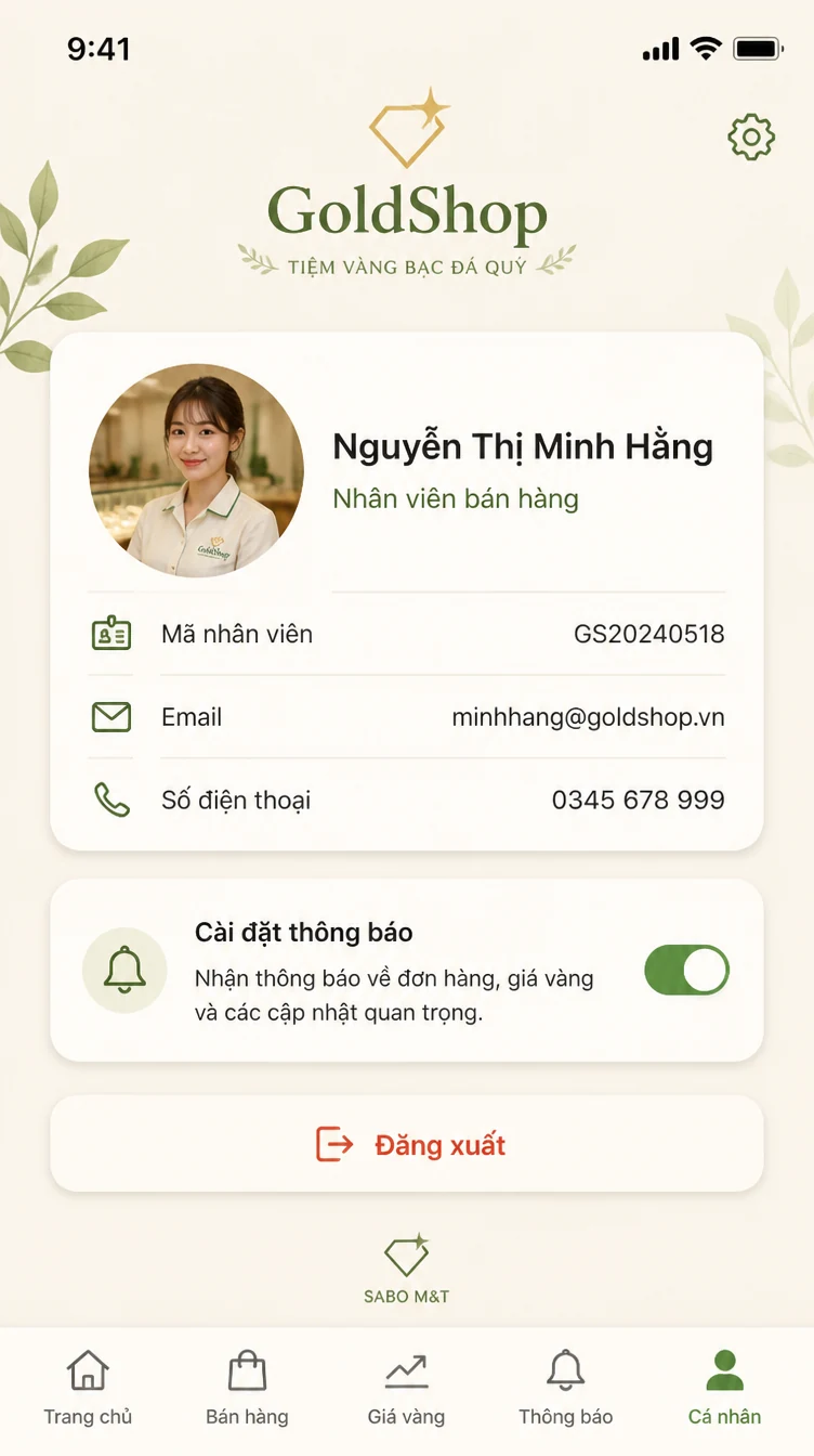 Giao diện mobile tiệm vàng bạc đá quý — màn 10