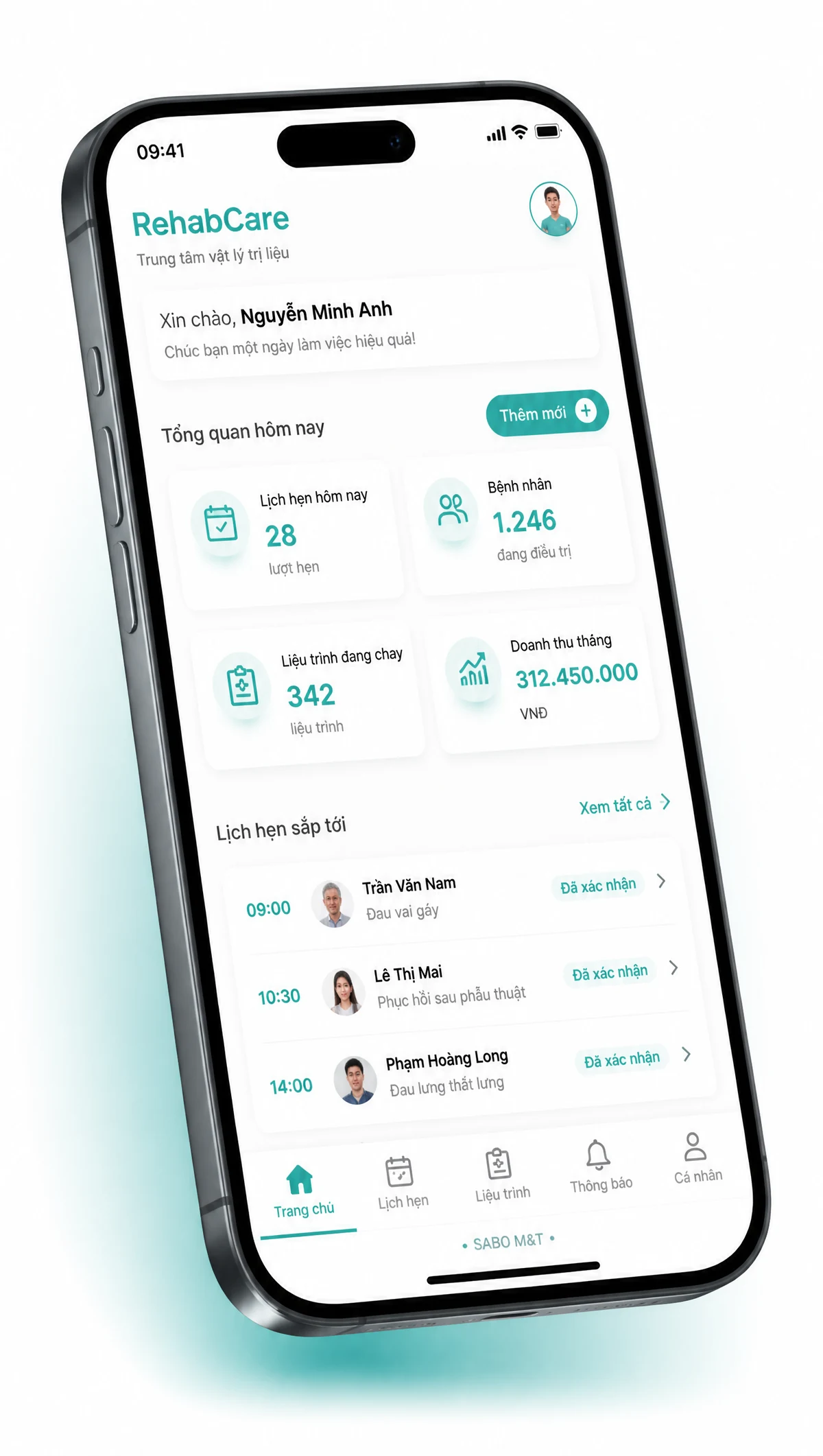 Giao diện mobile trung tâm vật lý trị liệu — màn 1