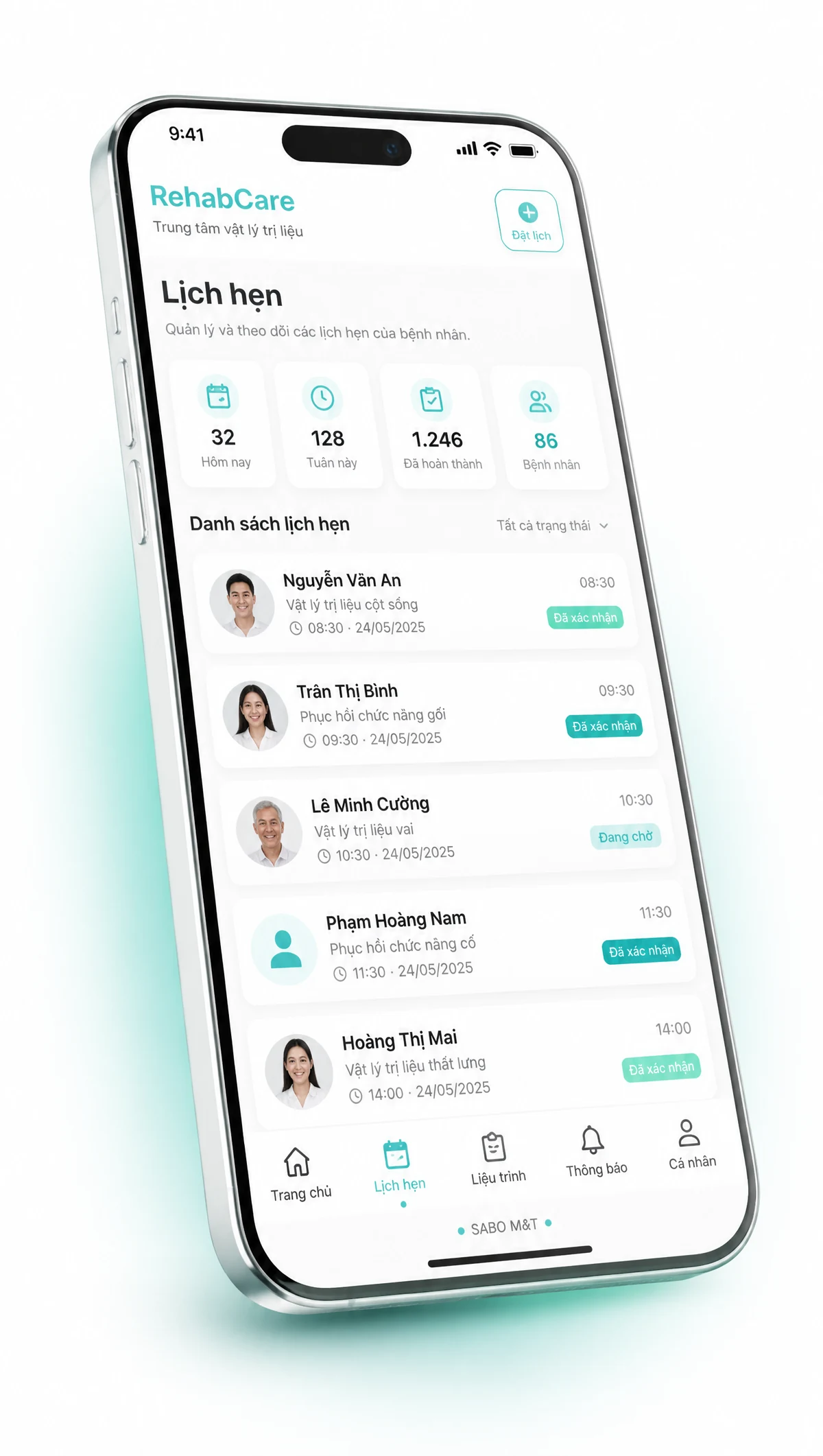 Giao diện mobile trung tâm vật lý trị liệu — màn 2