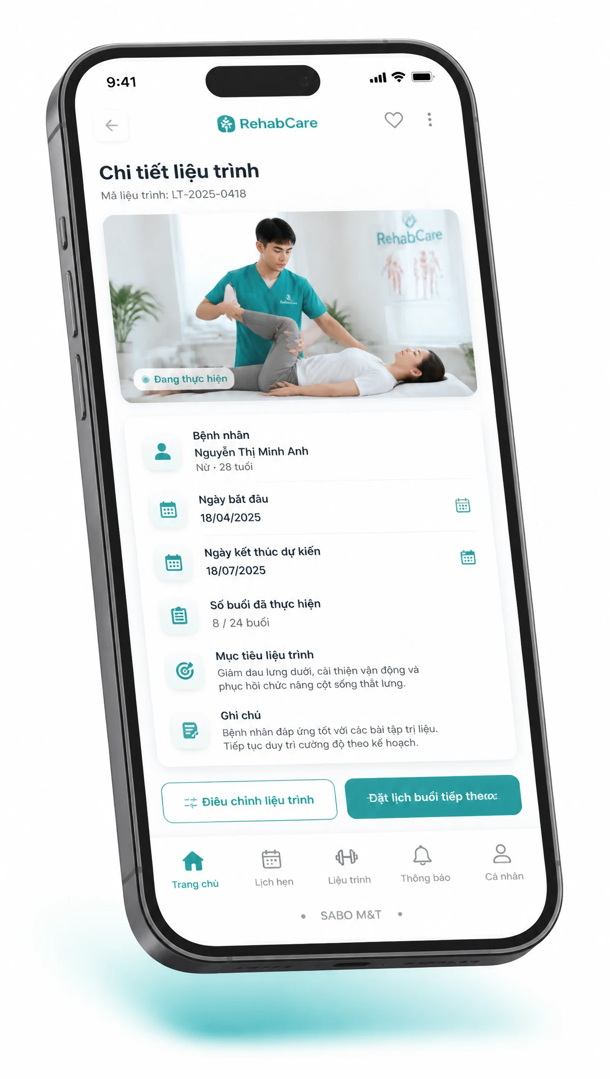 Giao diện mobile trung tâm vật lý trị liệu — màn 3