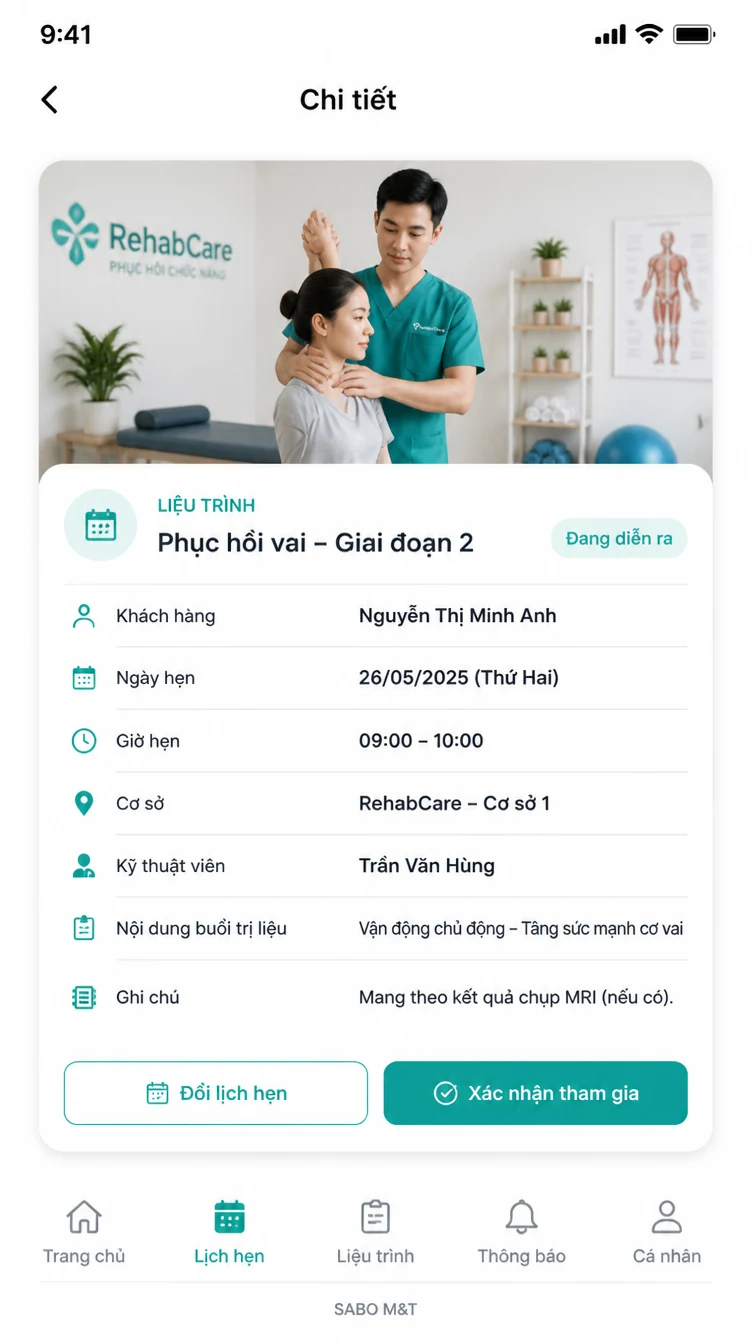 Giao diện mobile trung tâm vật lý trị liệu — màn 8