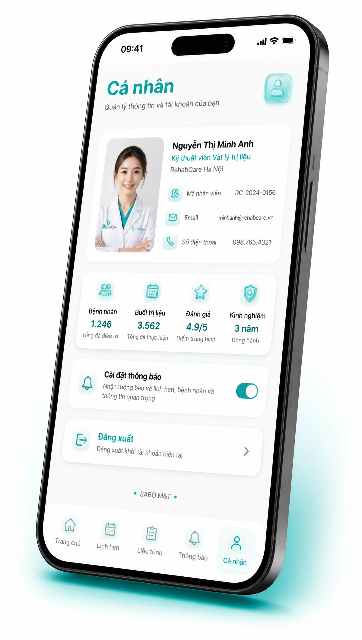 Giao diện mobile trung tâm vật lý trị liệu — màn 5