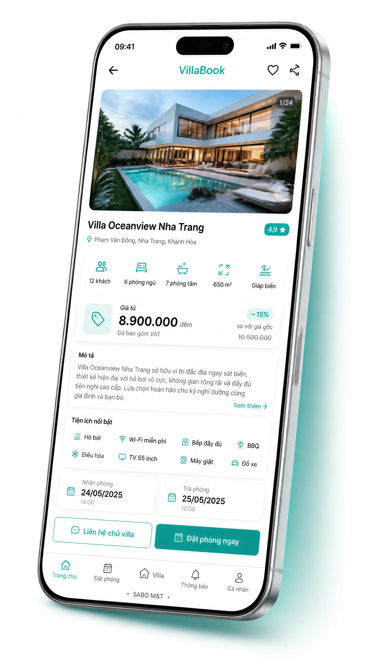 Giao diện mobile villa cho thuê theo ngày — màn 3
