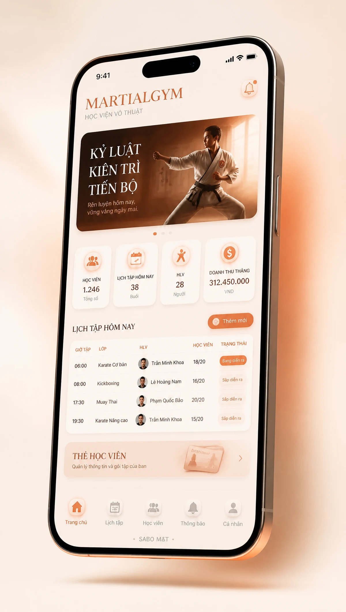 Giao diện mobile học viện võ thuật — màn 1