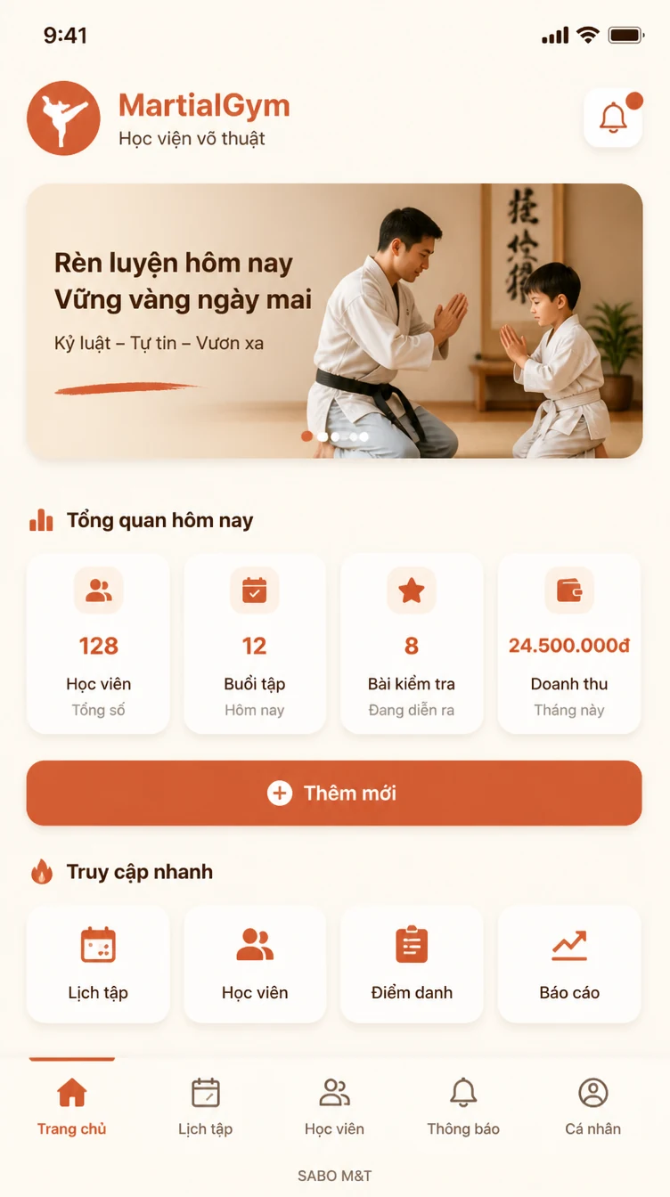 Giao diện mobile học viện võ thuật — màn 6