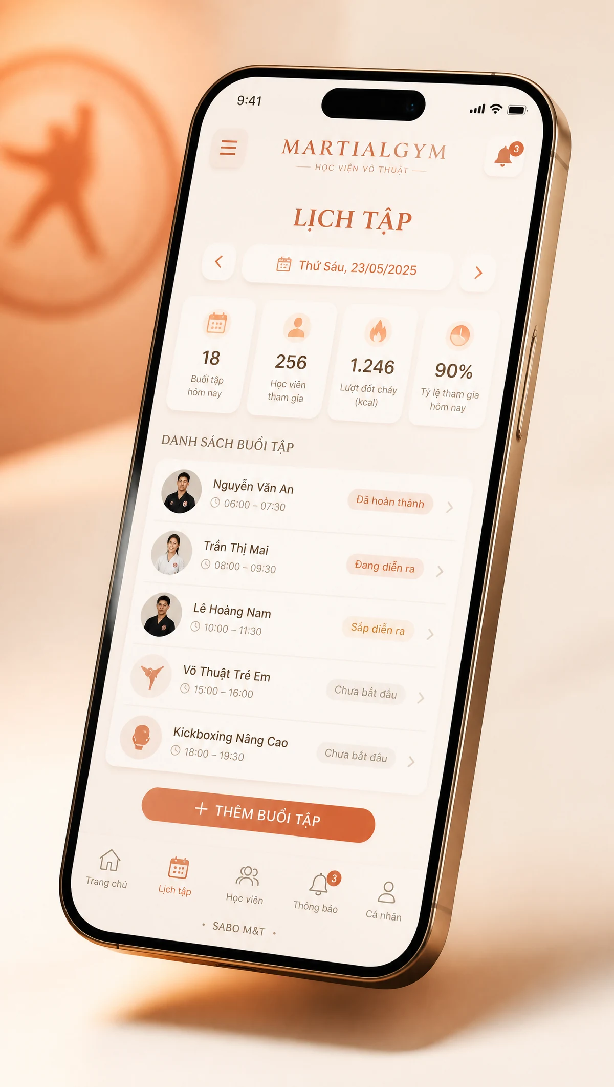 Giao diện mobile học viện võ thuật — màn 2