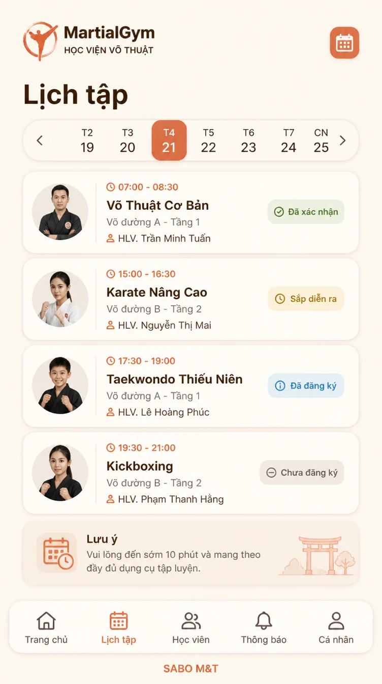Giao diện mobile học viện võ thuật — màn 7