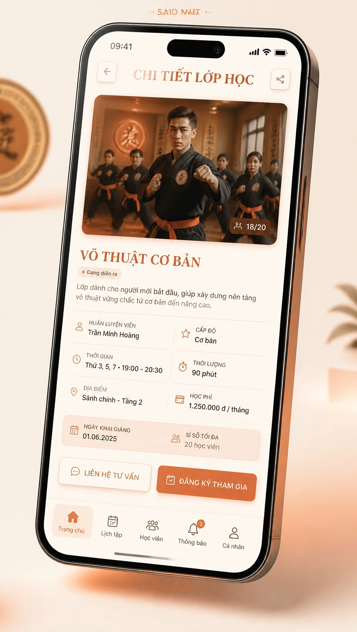 Giao diện mobile học viện võ thuật — màn 3