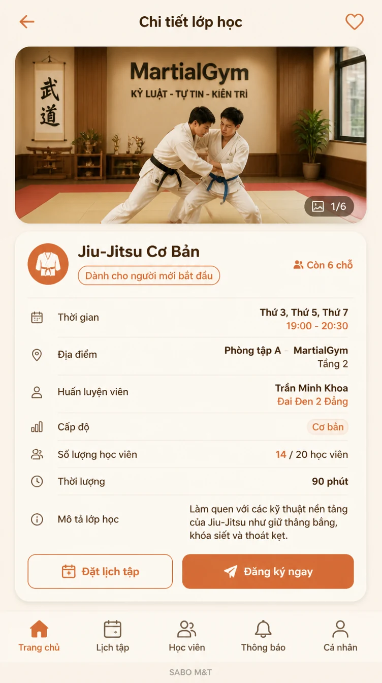 Giao diện mobile học viện võ thuật — màn 8