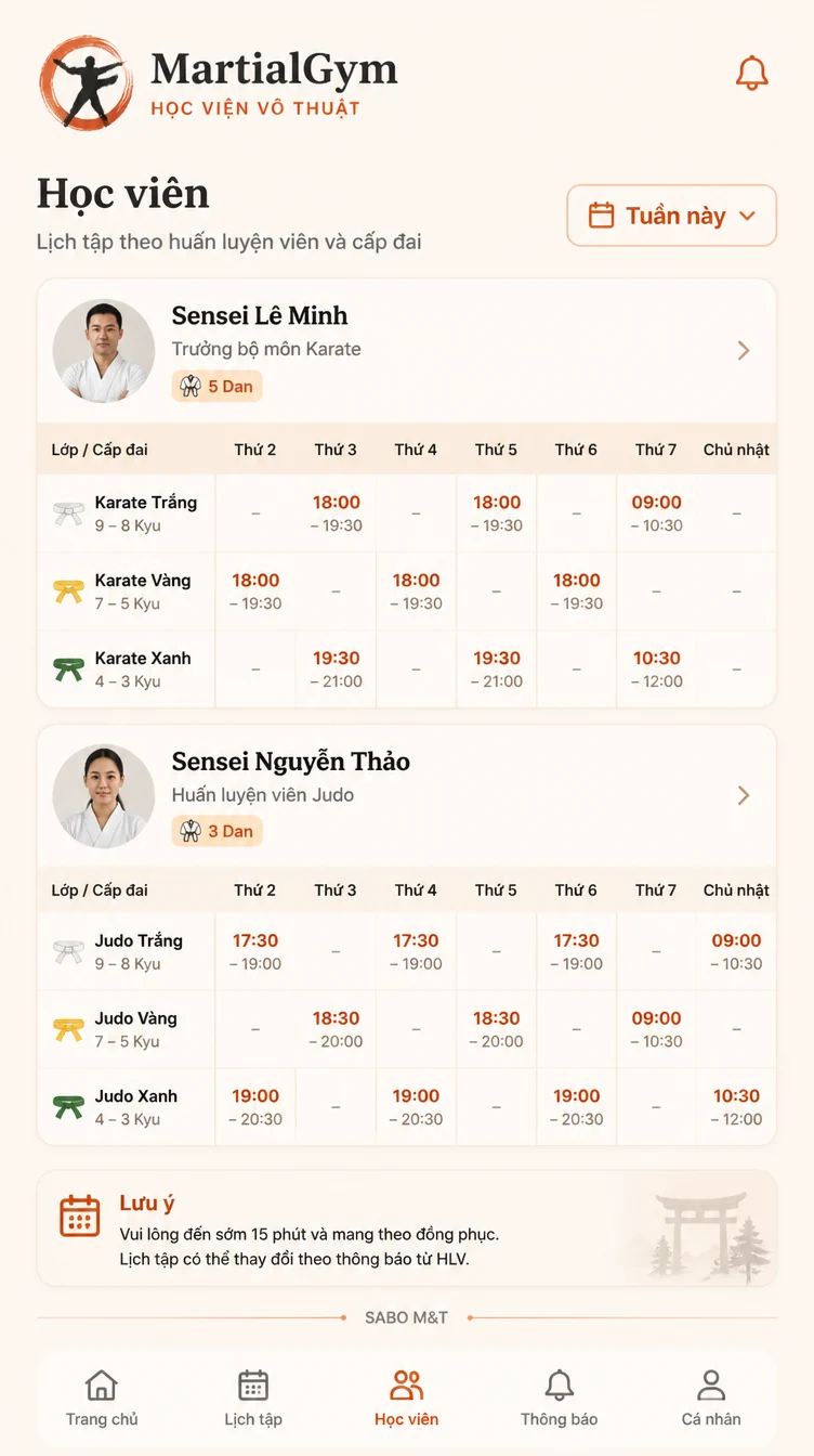 Giao diện mobile học viện võ thuật — màn 9