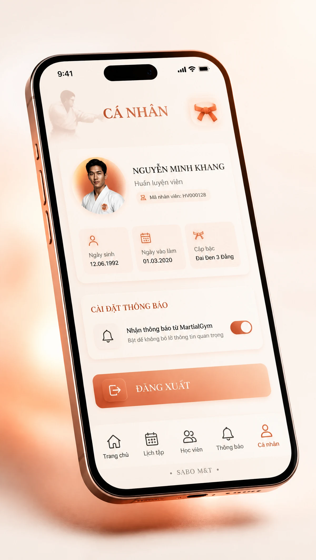 Giao diện mobile học viện võ thuật — màn 5