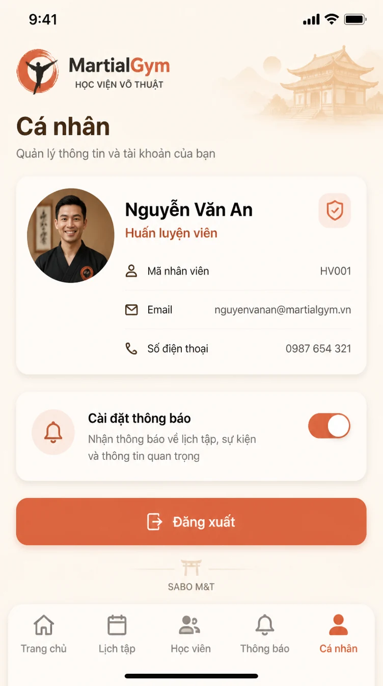 Giao diện mobile học viện võ thuật — màn 10
