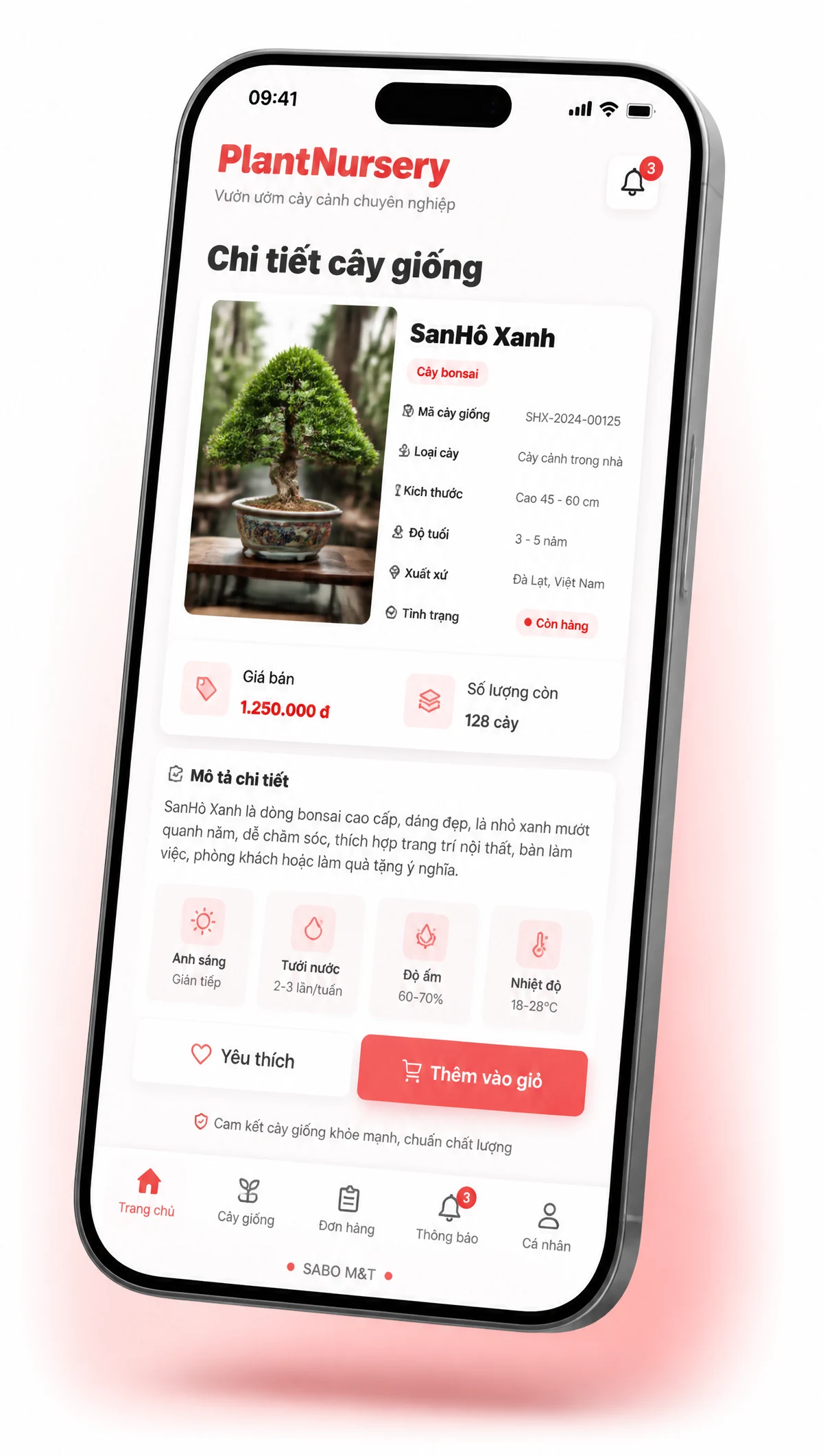 Giao diện mobile vườn ươm cây cảnh — màn 3